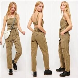 🚨NEW FREE PEOPLE Go West Utility Jumpsuit Overalls Army Sage Green Size Large